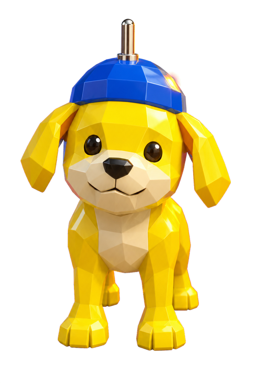 Meme Town Dog, a yellow toy dog in a blue propeller cap, standing on the bench